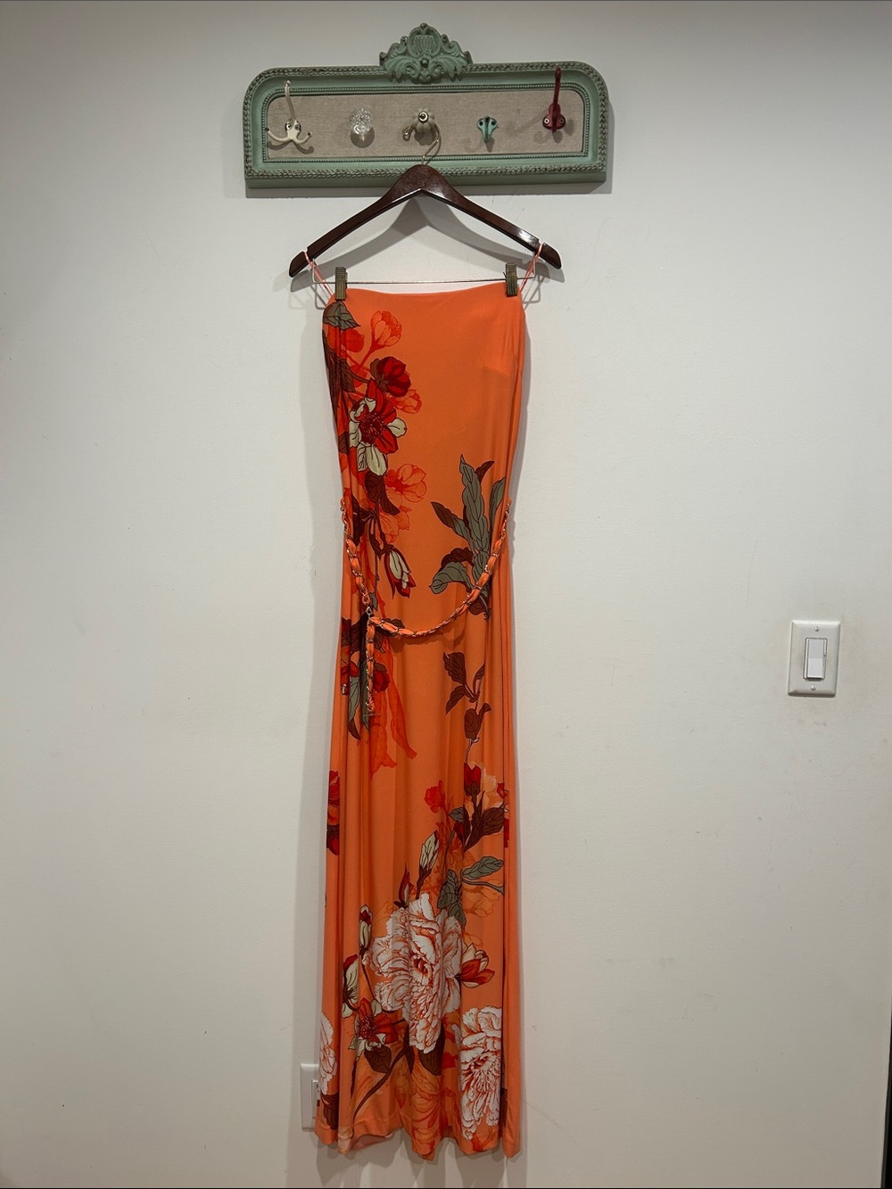 Vintage Cache Strapless Orange Floral Maxi Dress gold chain belt women’s medium